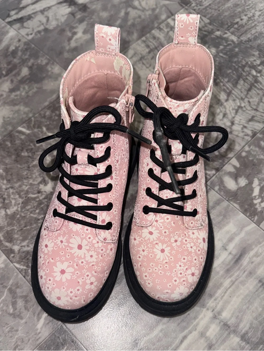 Art Class Girls Pink Floral Combat Boots Size 2 Lace Up Side Zip